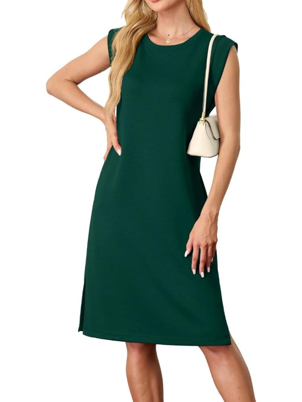 Women's Dark Green Sleeveless Loose Beach Crewneck Wrinkle-Free Midi Dress